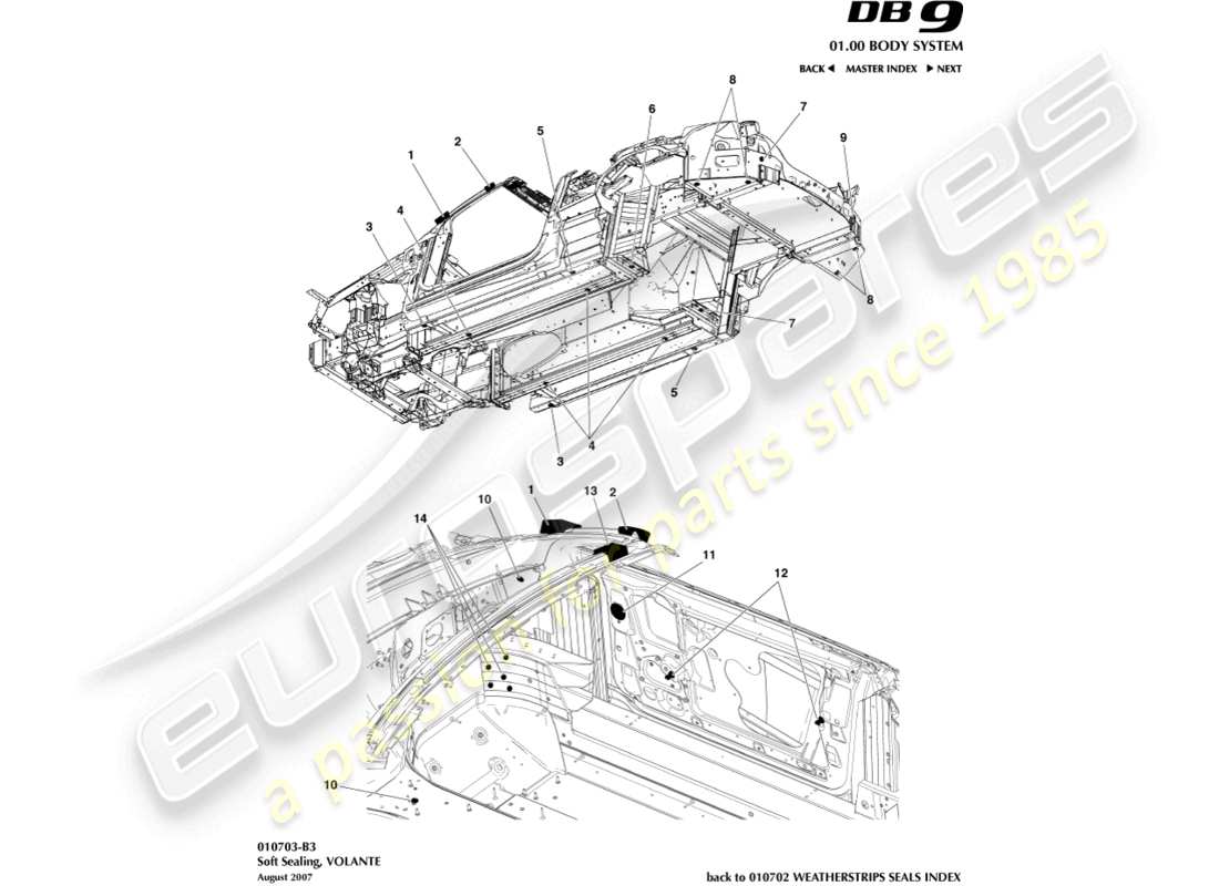 aston martin db9 (2005) tenuta morbida, diagramma delle parti volante