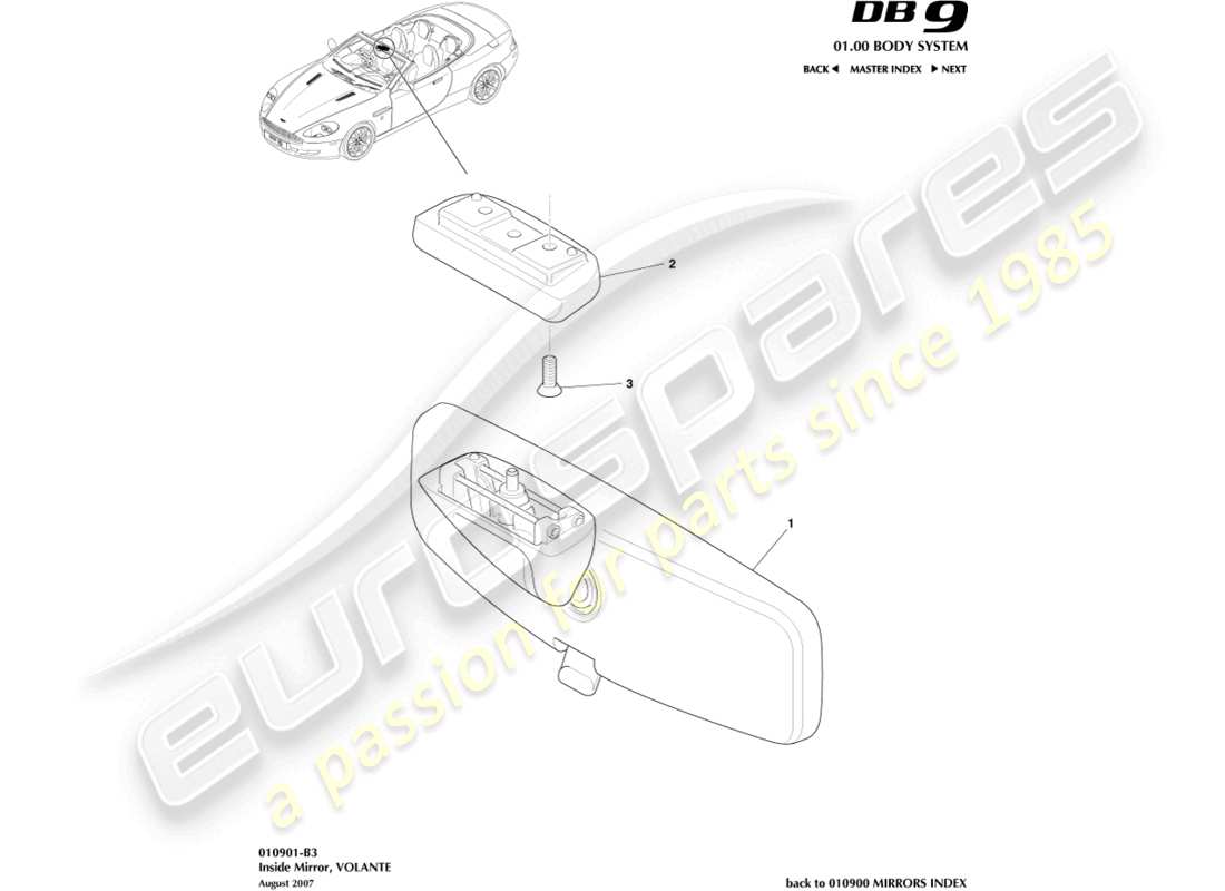 aston martin db9 (2005) specchietto interno, schema delle parti volante