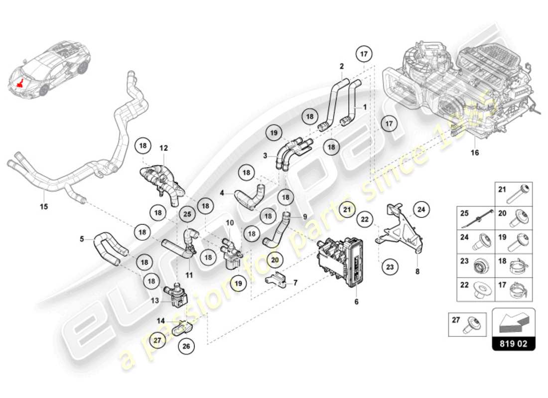 lamborghini revuelto coupe (2024) aria con./riscaldamento/aux. schema delle parti del riscaldatore hv-ptc