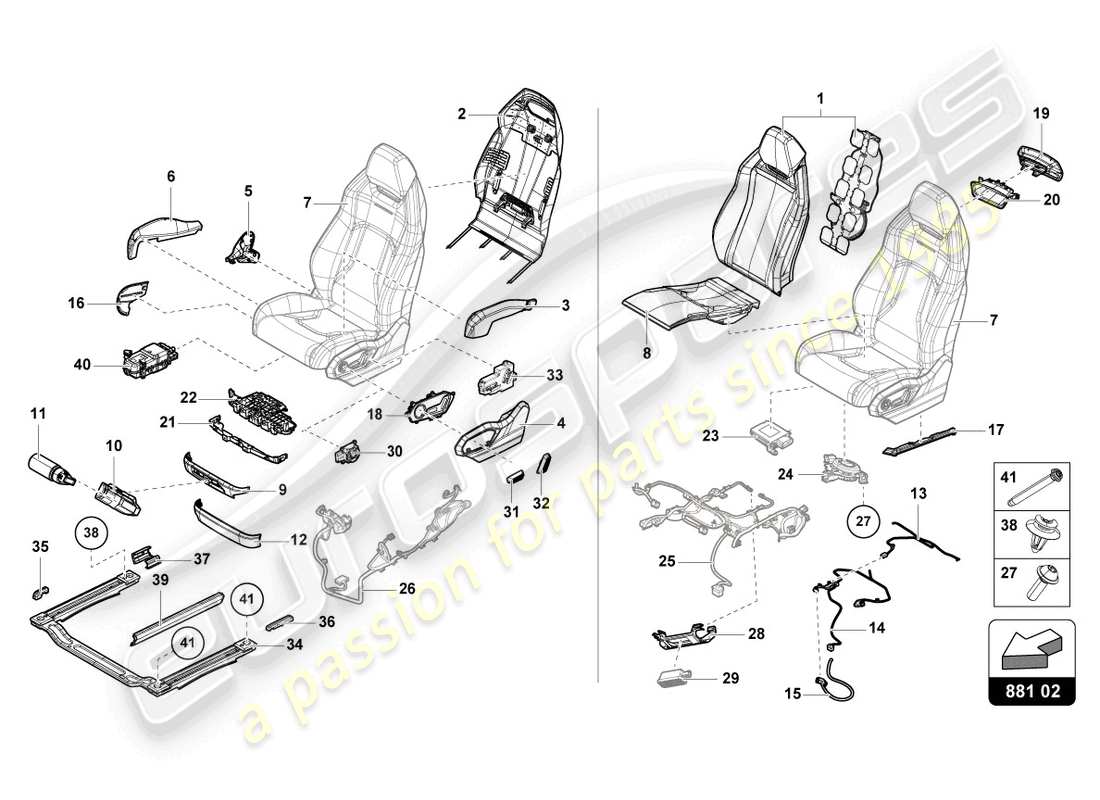 lamborghini urus (2020) sedile, anteriore diviso diagramma delle parti