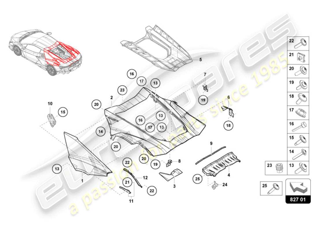 lamborghini revuelto coupe (2024) coperchio posteriore diagramma delle parti