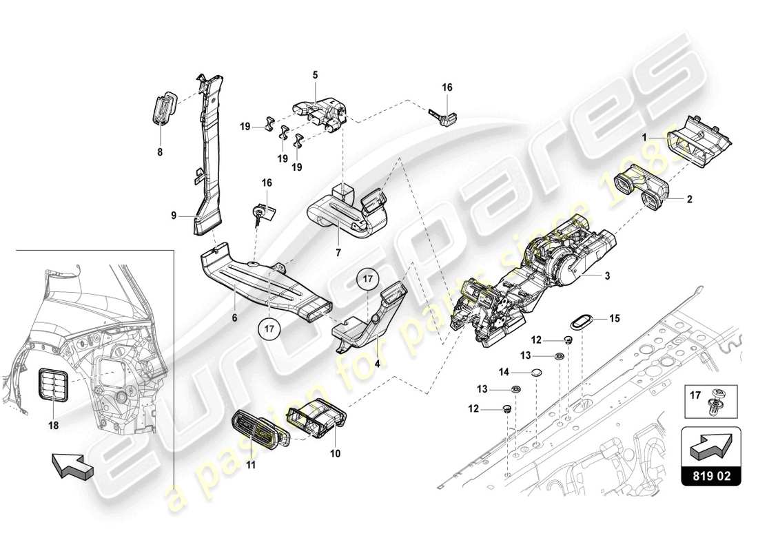 lamborghini urus (2020) ventola posteriore centrale diagramma delle parti