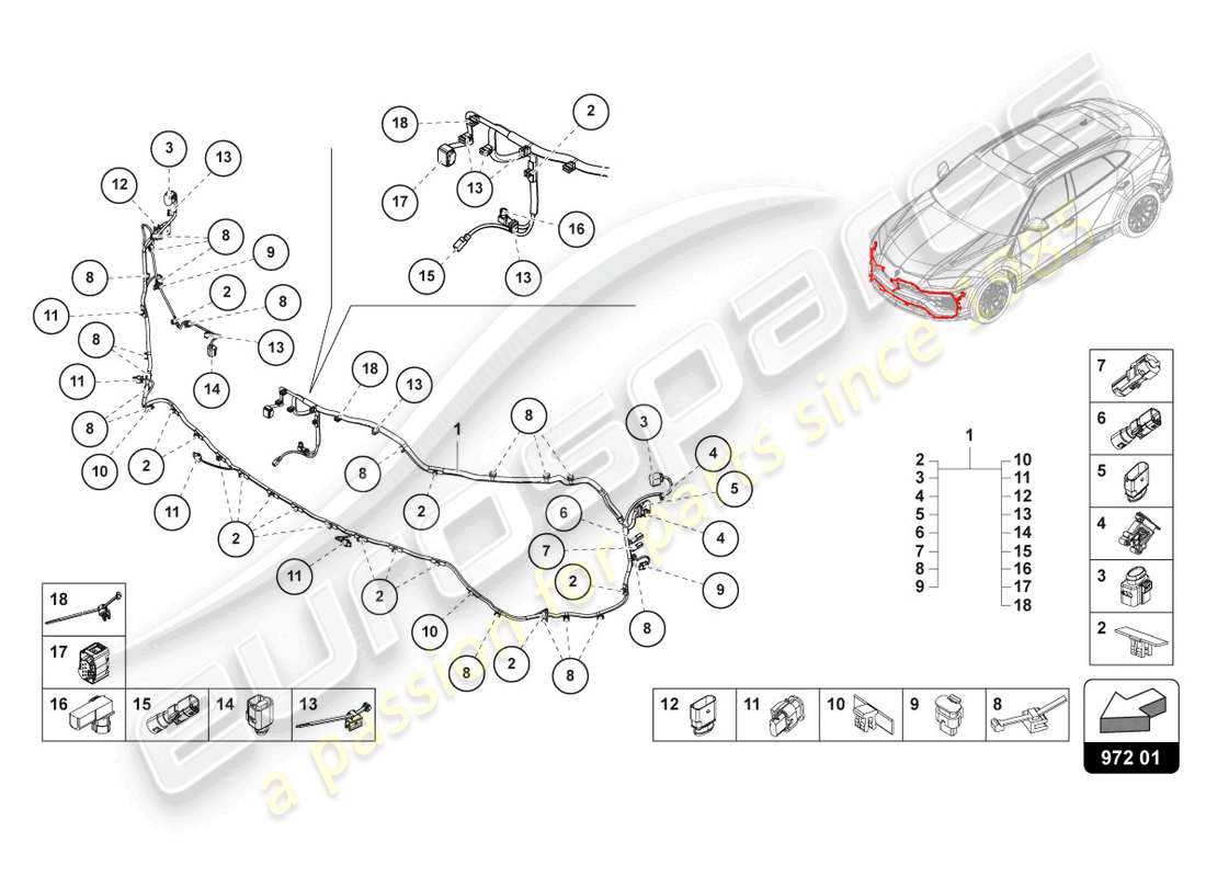 lamborghini urus (2020) set di cablaggio per paraurti anteriore schema delle parti