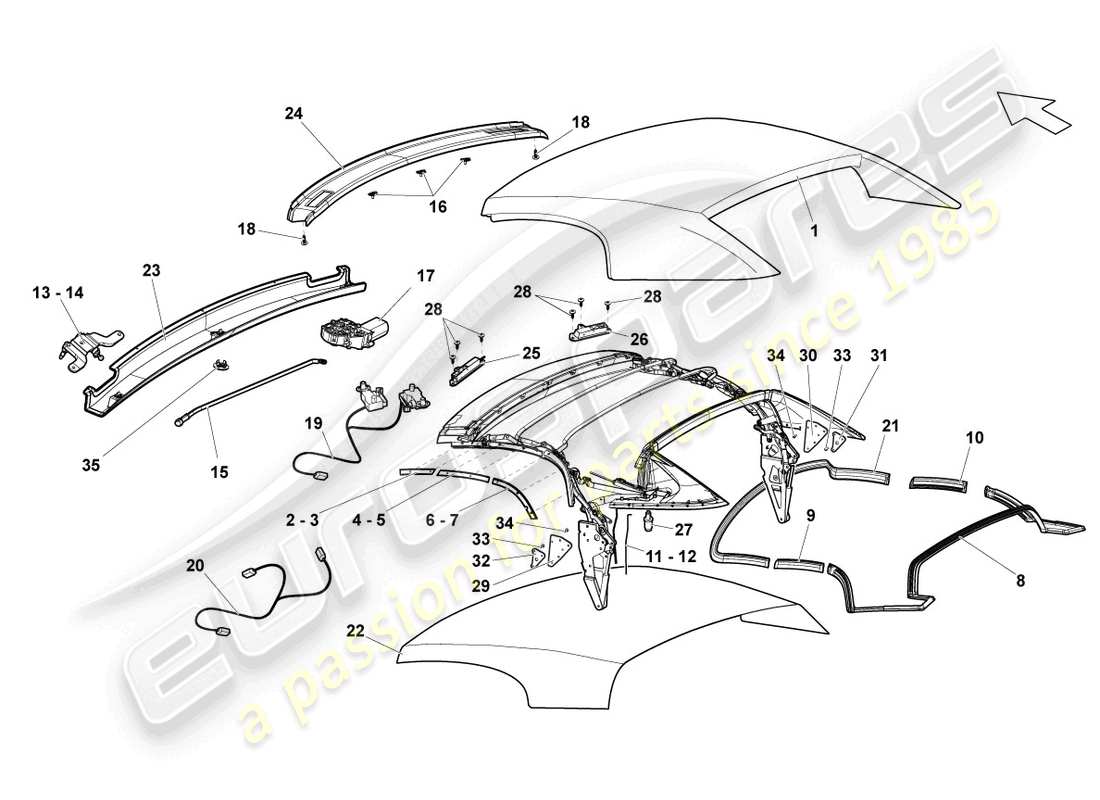 lamborghini gallardo spyder (2006) copertura - diagramma della parte superiore