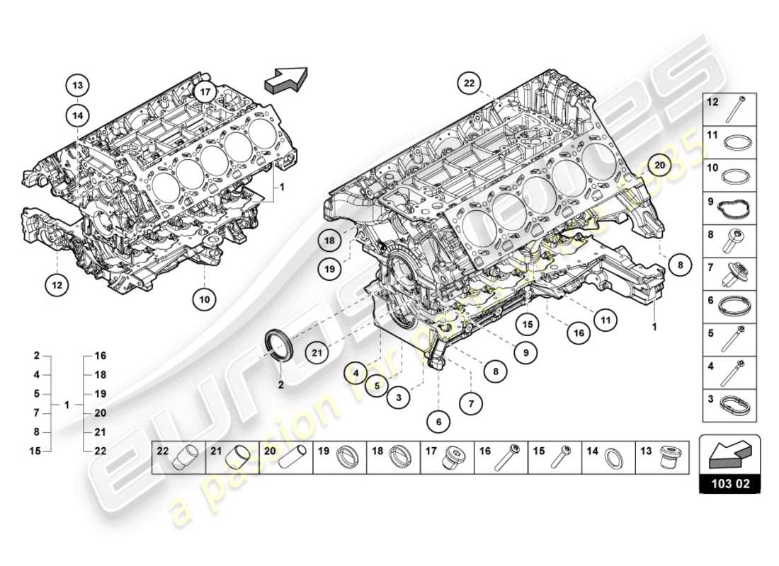 lamborghini evo spyder (2022) blocco motore diagramma delle parti