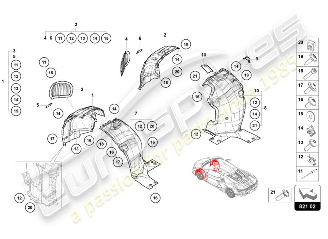 lamborghini revuelto coupe (2024) rivestimento passaruota anteriore diagramma delle parti