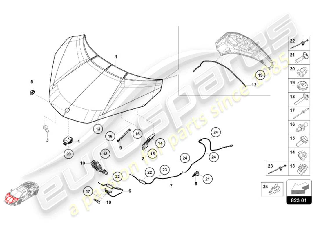 lamborghini revuelto coupe (2024) diagramma delle parti del cofano