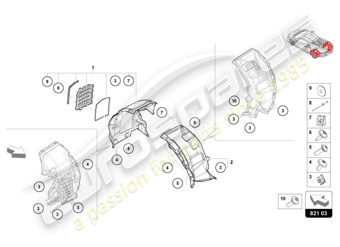 lamborghini revuelto coupe (2024) rivestimento passaruota posteriore diagramma delle parti