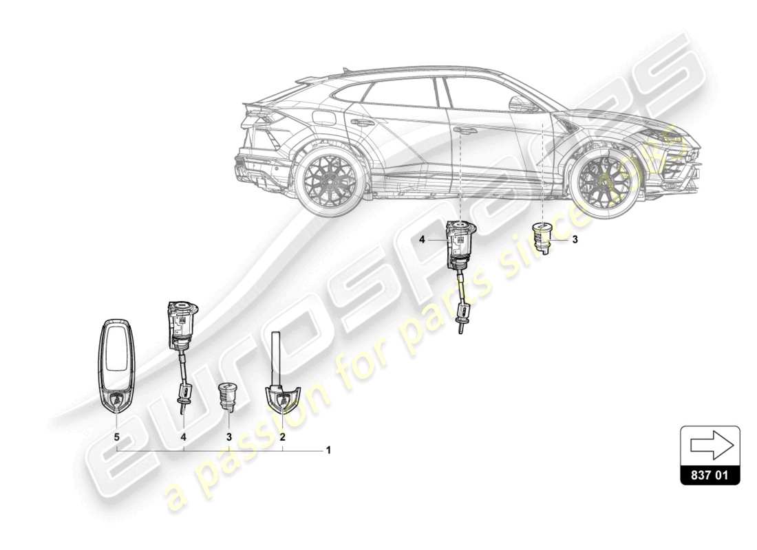 lamborghini urus (2020) chiave principale con transponder (bit pieghevole) schema delle parti