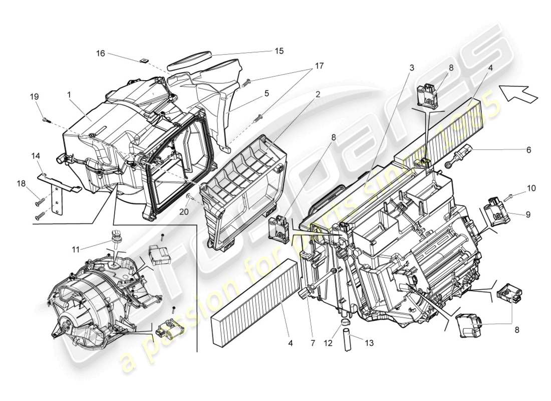 lamborghini lp550-2 coupe (2010) alloggiamento di distribuzione dell'aria per impianti di condizionamento a controllo elettronico schema delle parti