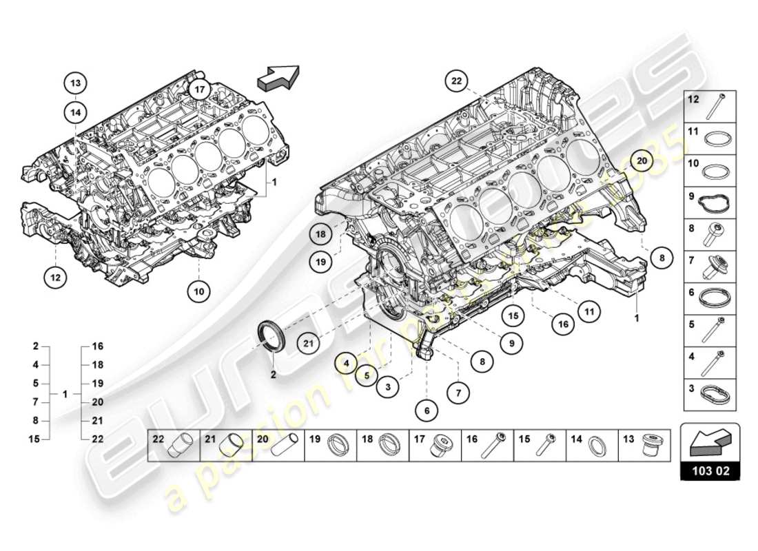 lamborghini evo spyder (2021) blocco motore diagramma delle parti