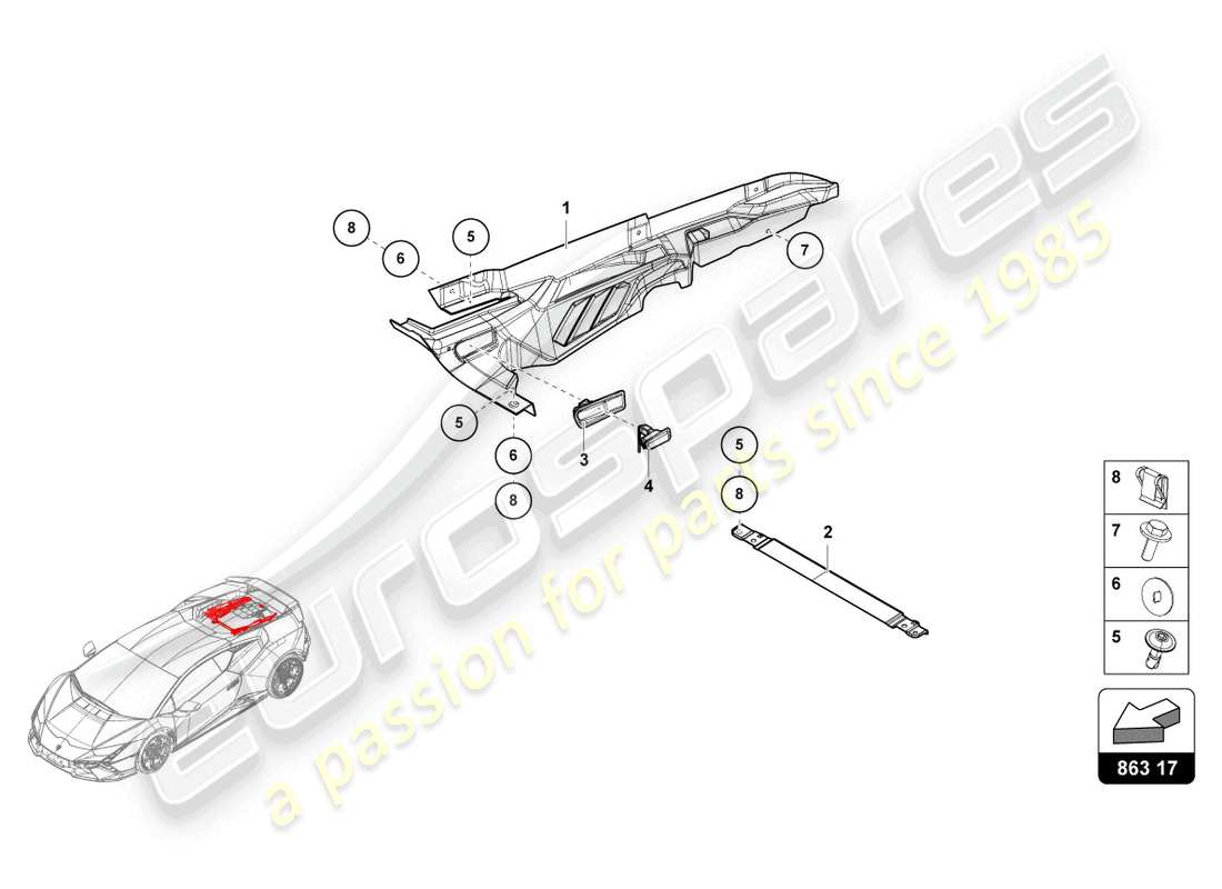 lamborghini tecnica (2024) schema delle parti copertura motore