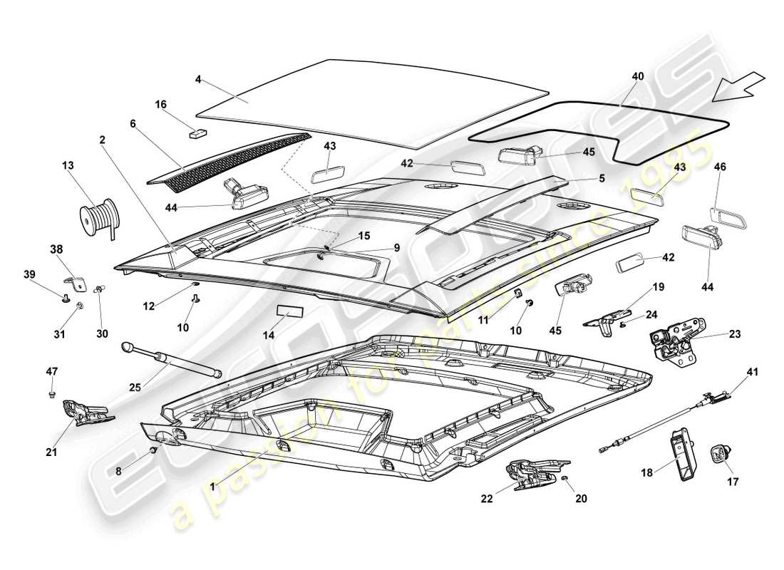 lamborghini gallardo coupe (2005) coperchio posteriore trasparente schema delle parti