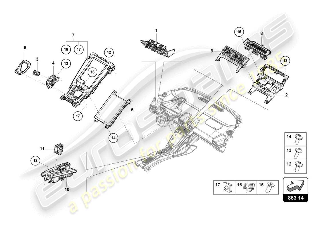 lamborghini tecnica (2024) console centrale, parte superiore schema delle parti