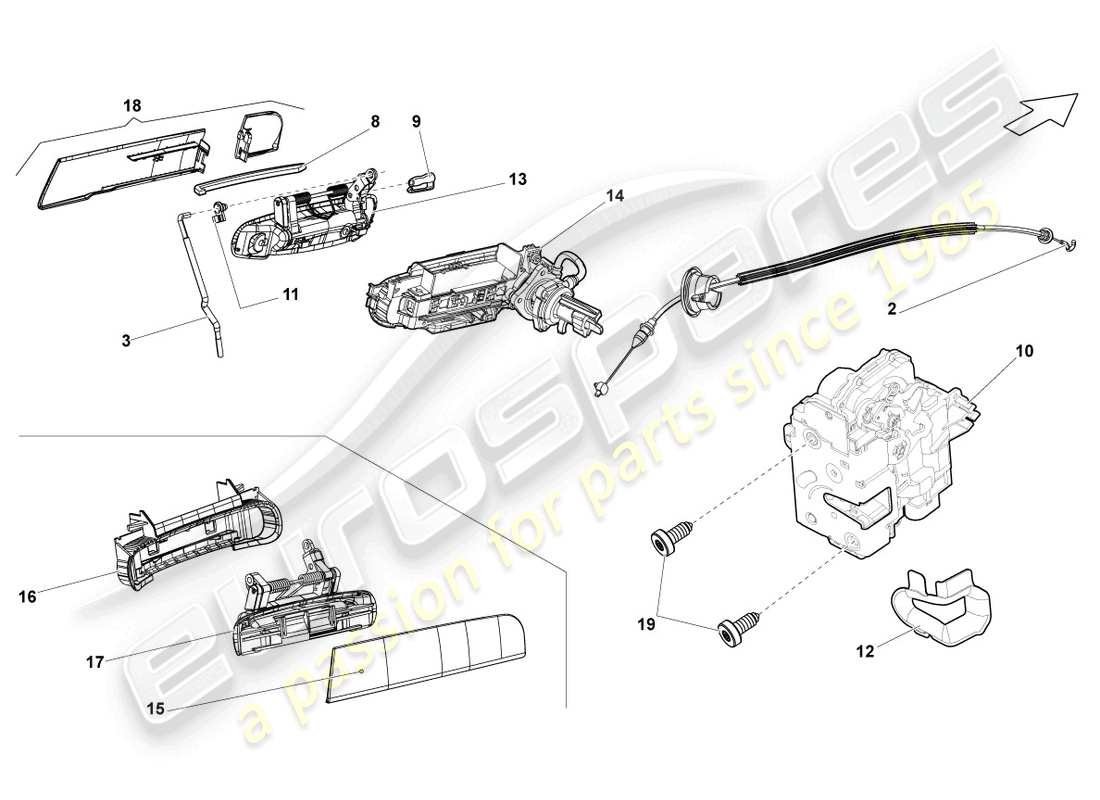 lamborghini gallardo coupe (2005) schema delle parti della serratura della porta