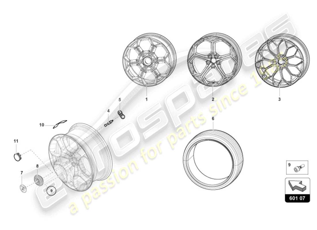 lamborghini tecnica (2023) ruote/pneumatici anteriori diagramma delle parti