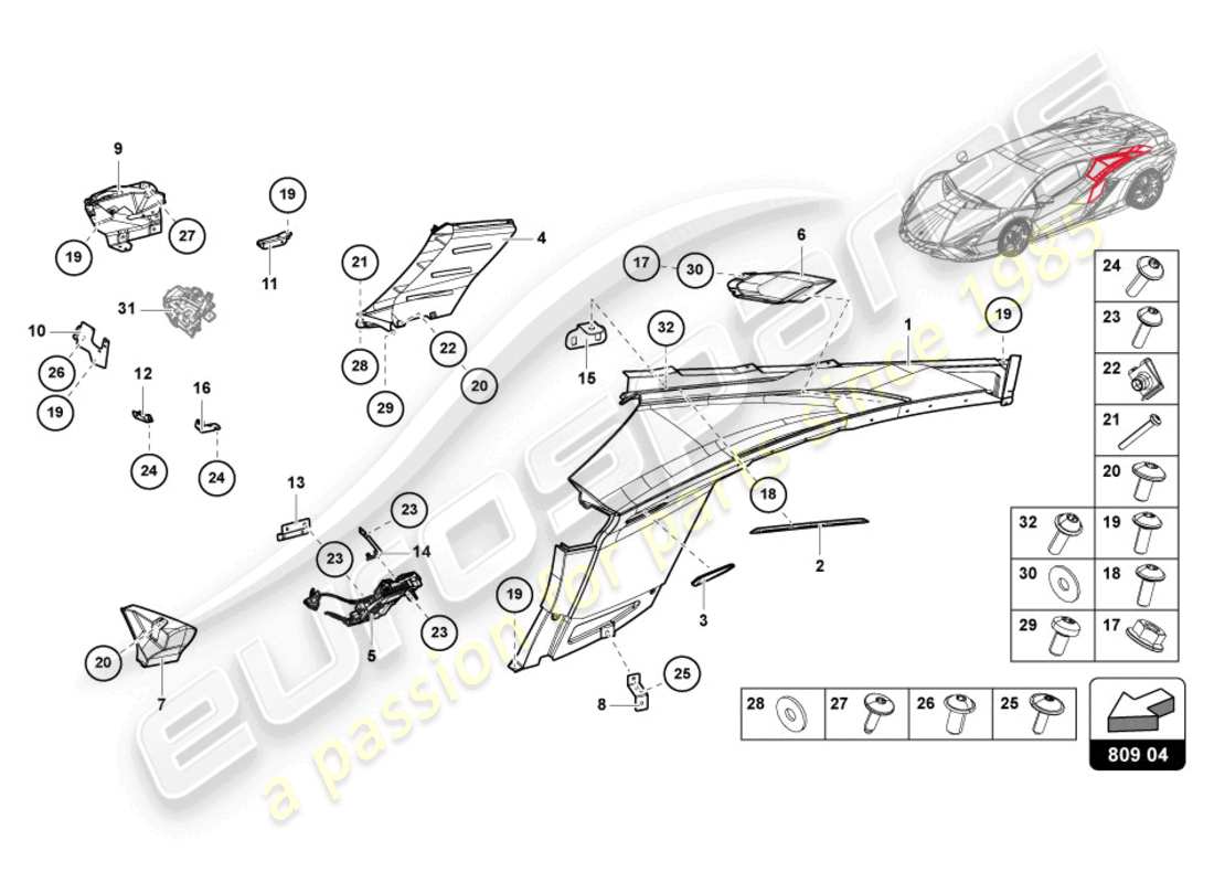 lamborghini sian roadster (2021) pannelli di rivestimento laterali diagramma delle parti