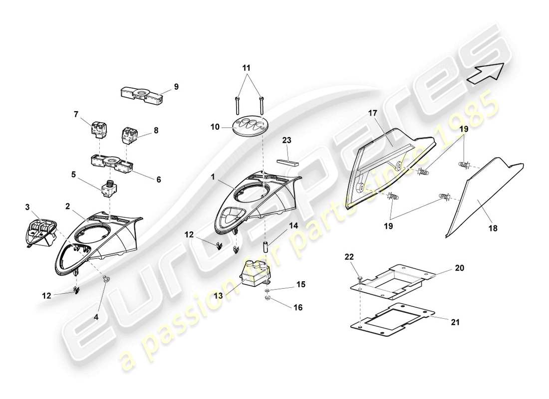 lamborghini gallardo coupe (2005) installare. kit per cent. diagramma delle parti della console