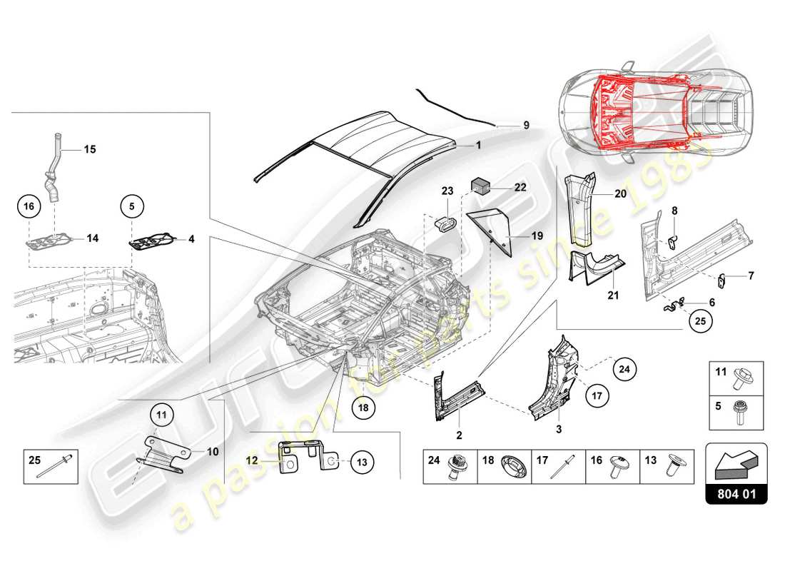 lamborghini evo coupe 2wd (2023) tetto diagramma delle parti
