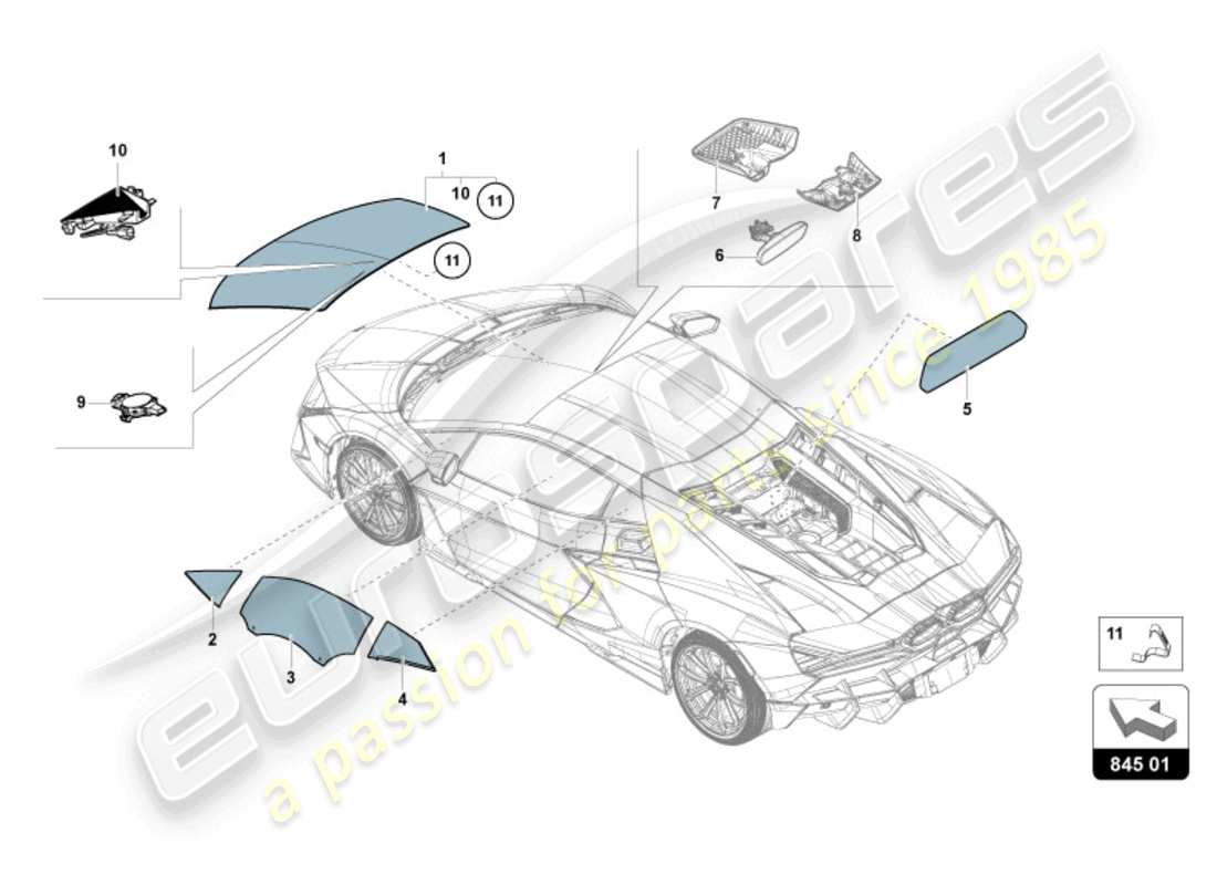 lamborghini revuelto coupe (2024) vetri da finestra diagramma delle parti