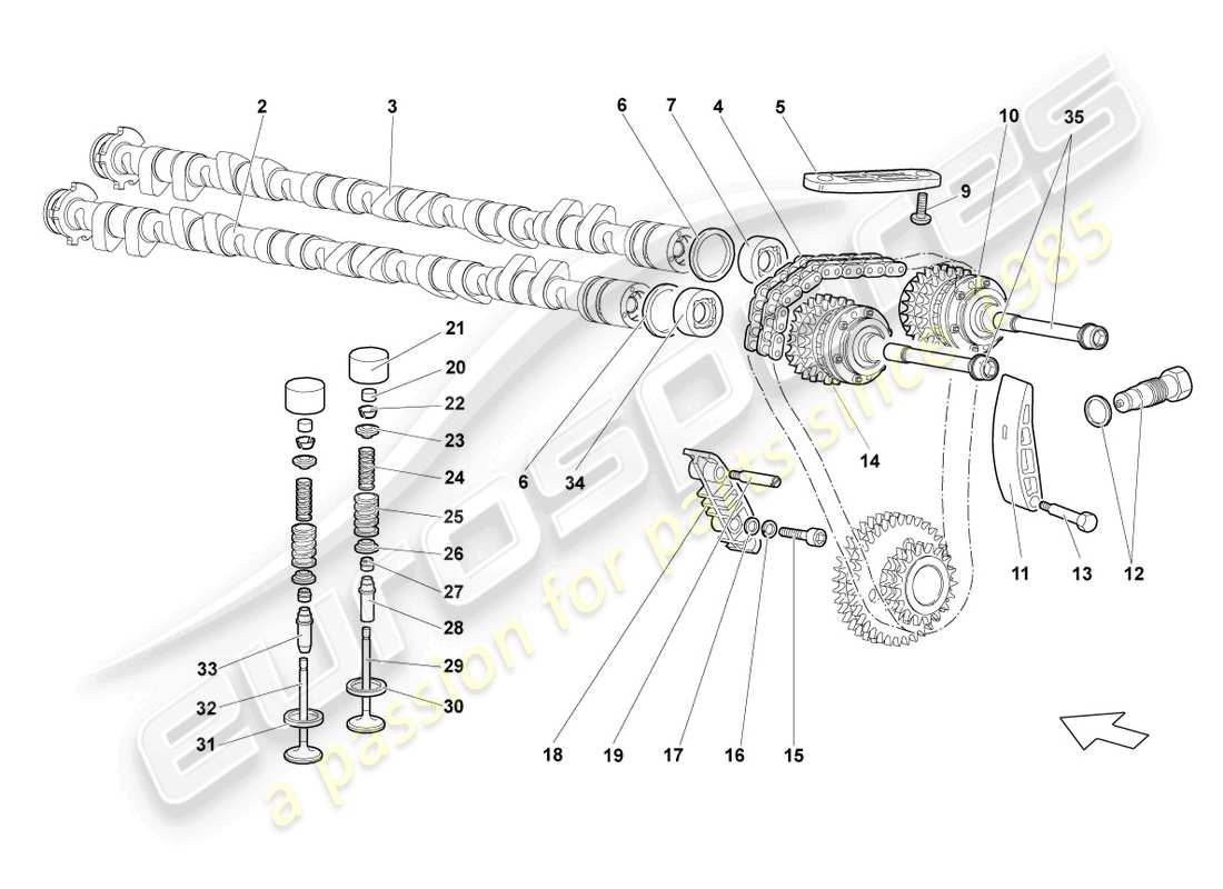 lamborghini lp640 roadster (2010) schema delle parti albero a camme, valvole destro