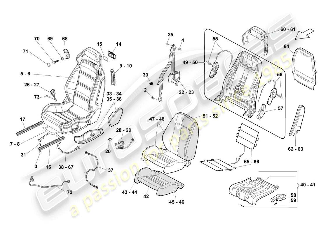 lamborghini gallardo spyder (2006) sedile, schema della parte completa