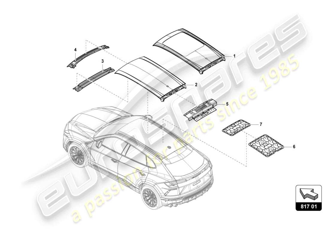 lamborghini urus (2020) pannello esterno della struttura del tetto schema delle parti