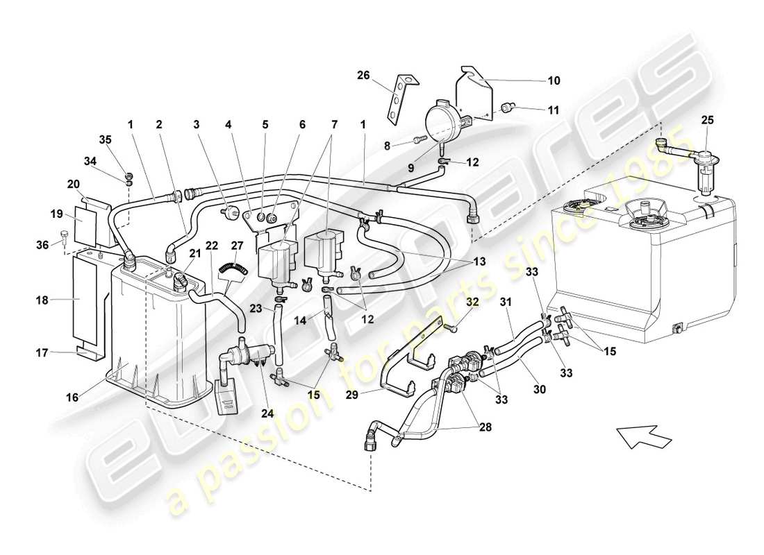 lamborghini lp640 roadster (2010) contenitore di carbone attivo schema delle parti