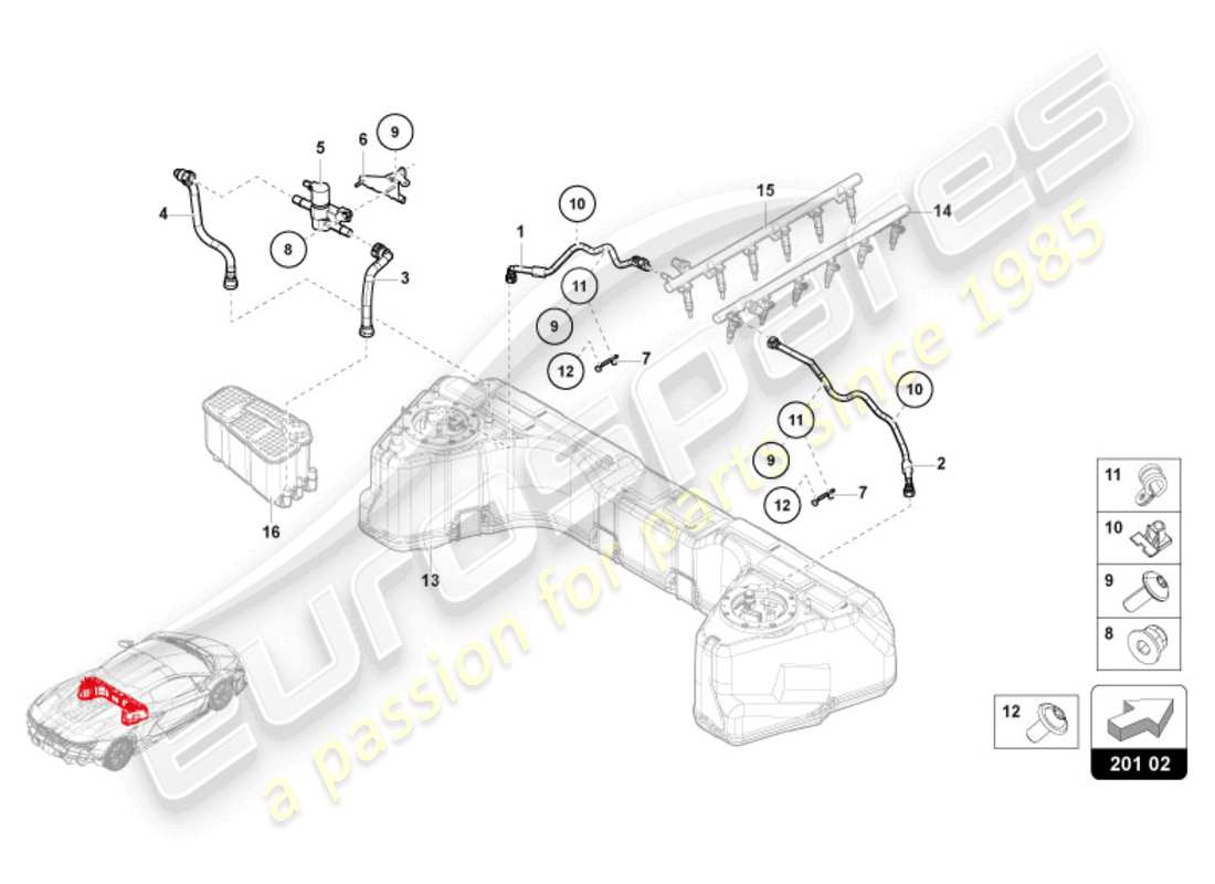 lamborghini revuelto coupe (2024) sistema di alimentazione del carburante diagramma delle parti