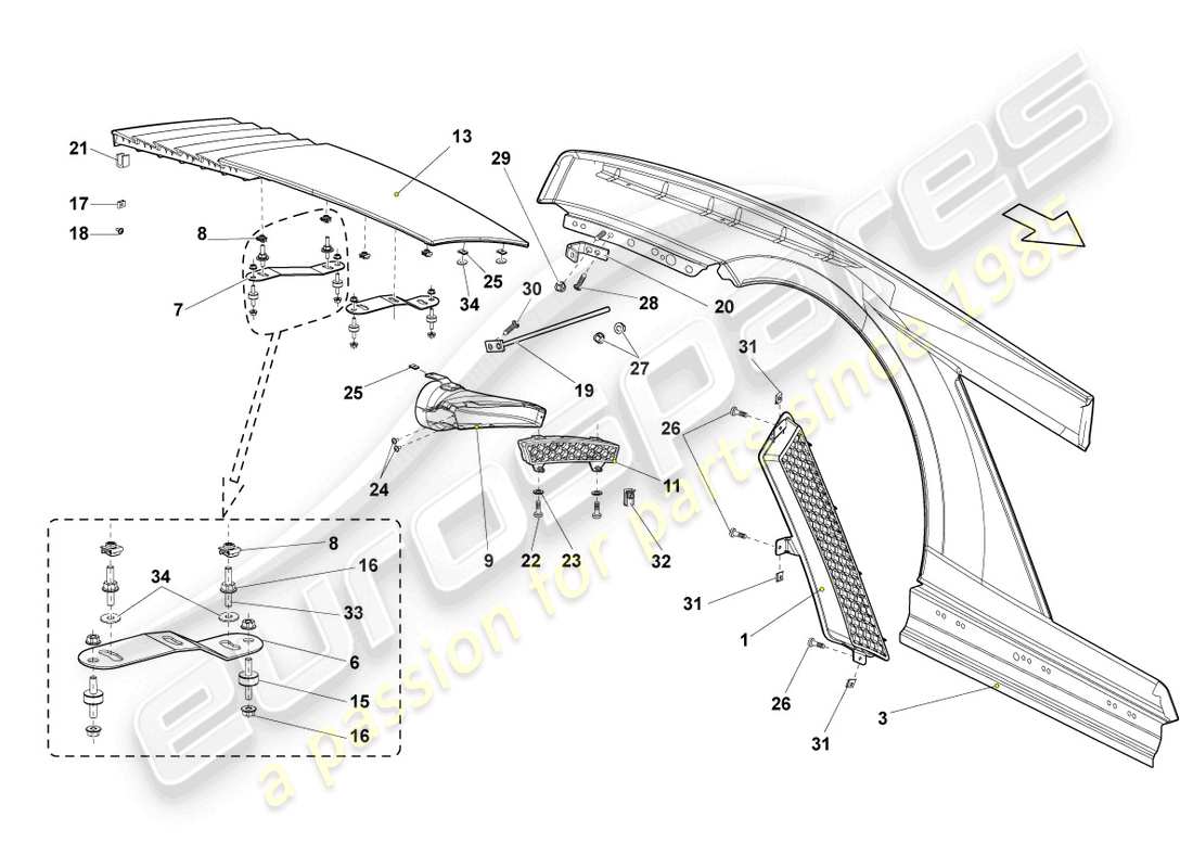 lamborghini gallardo spyder (2006) diagramma delle parti dell'ala posteriore