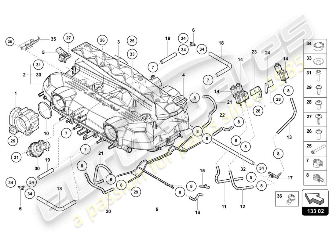 lamborghini ultimae (2022) collettore di aspirazione diagramma delle parti