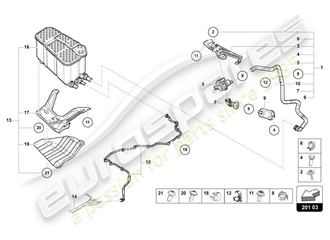 lamborghini urus (2020) filtro a carbone attivo con pompa di diagnosi per sistema alimentazione carburante diagramma delle parti