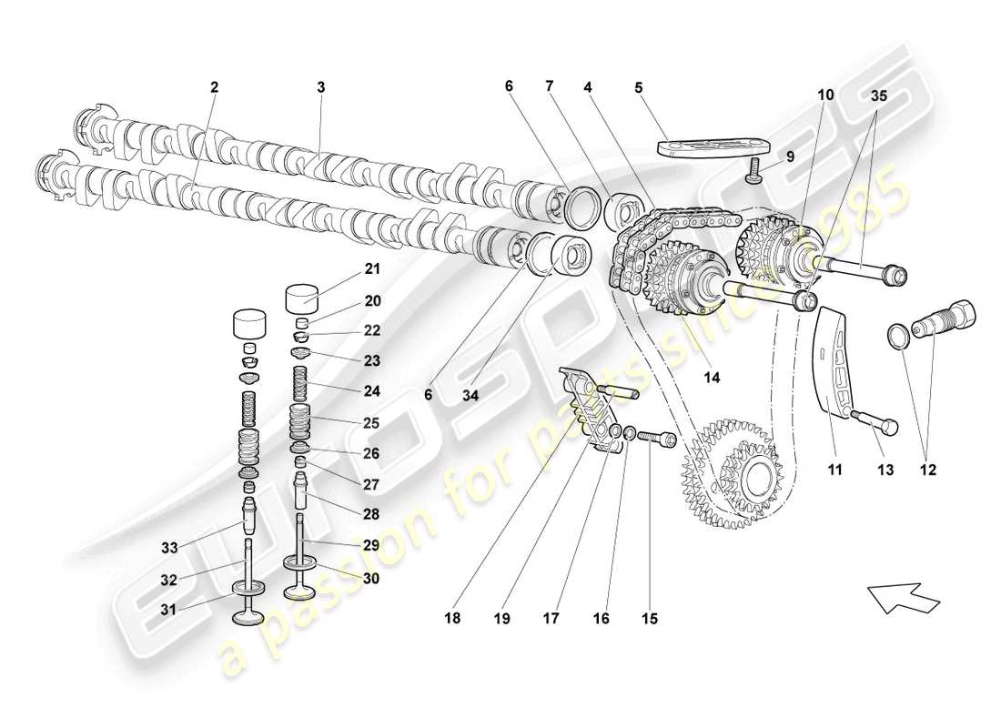 lamborghini lp640 coupe (2010) albero a camme, valvole destra diagramma delle parti