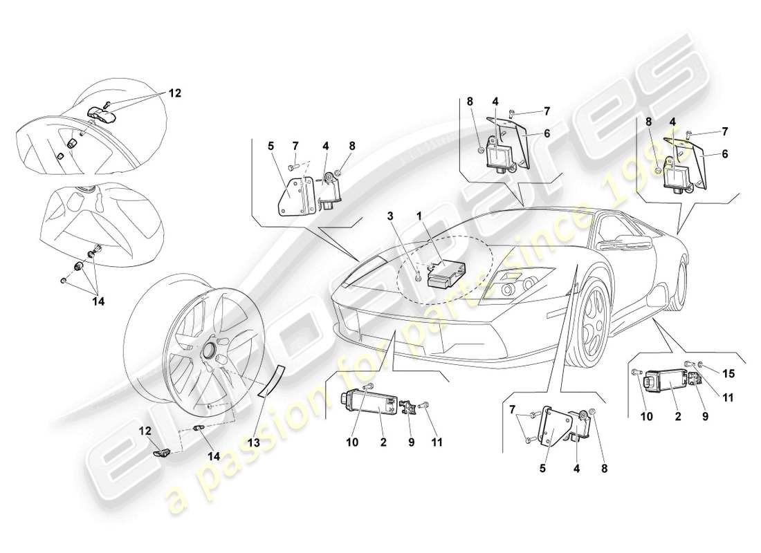 lamborghini lp640 coupe (2010) schema delle parti del sistema di controllo della pressione dei pneumatici