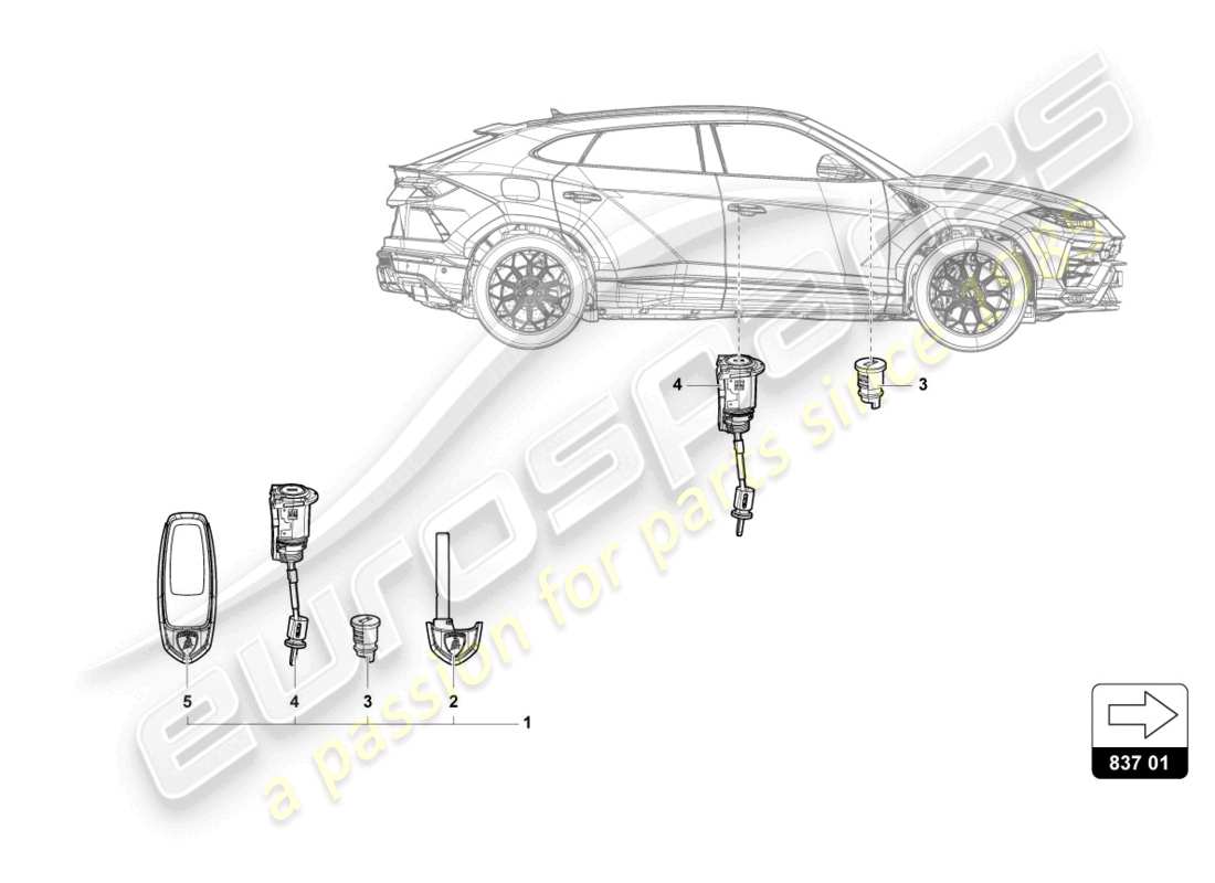 lamborghini urus (2021) chiave principale con transponder (bit pieghevole) schema delle parti