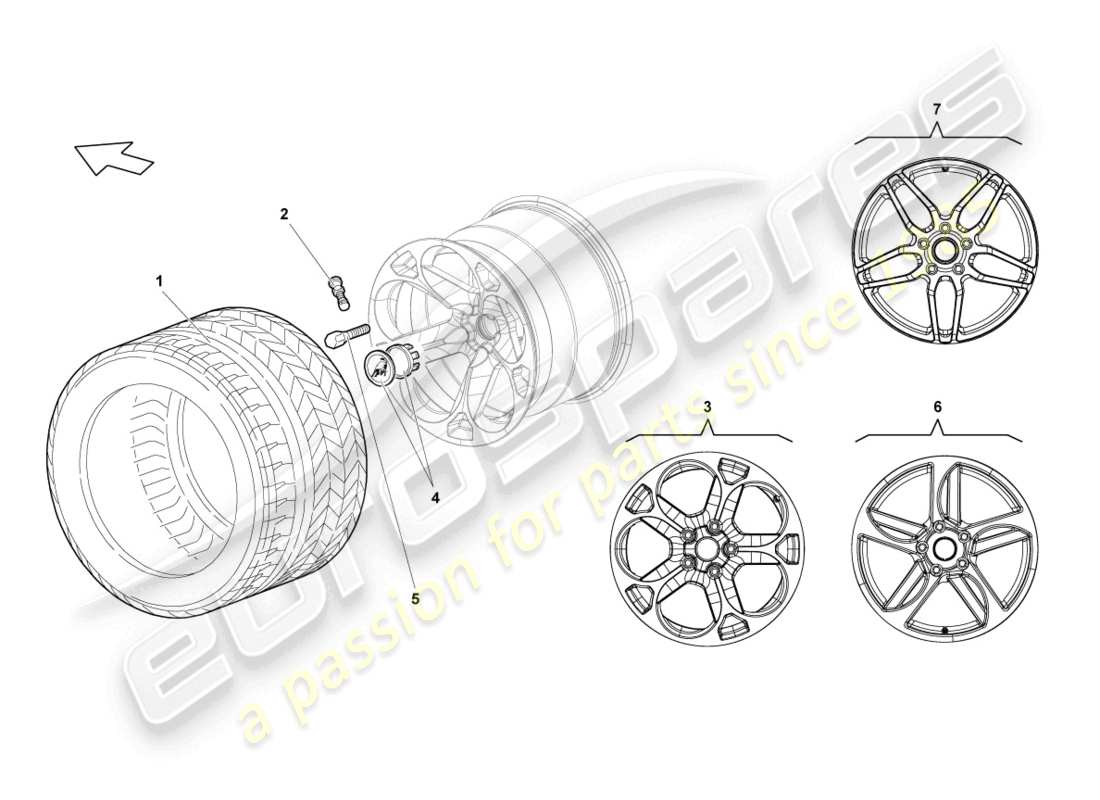 lamborghini lp640 roadster (2010) cerchio posteriore in alluminio diagramma delle parti