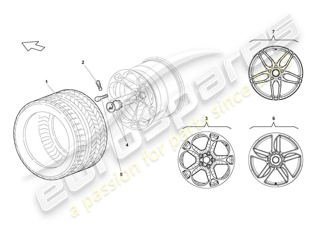 lamborghini lp640 roadster (2009) schema delle parti cerchio in alluminio posteriore