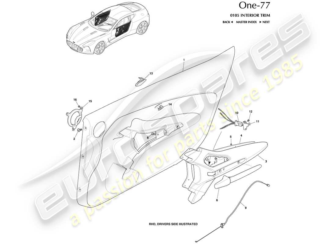 aston martin one-77 (2011) diagramma delle parti del rivestimento della porta