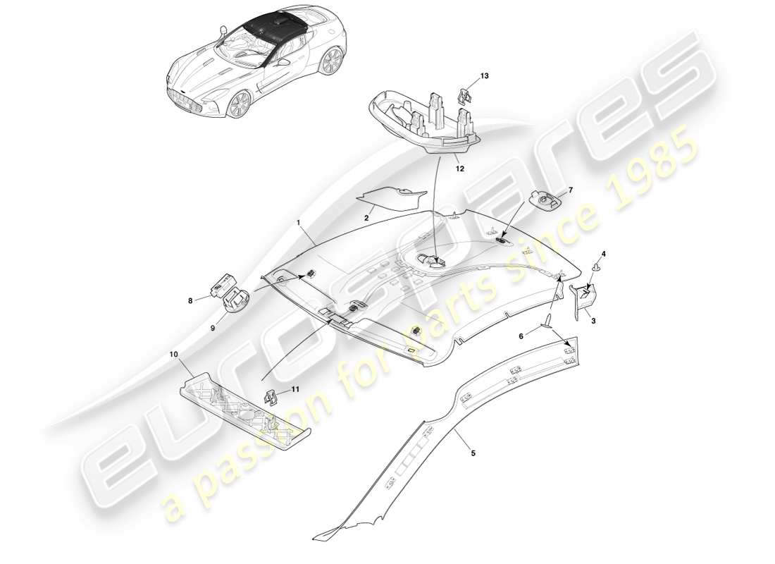 aston martin one-77 (2011) cielo e rivestimento del montante diagramma delle parti