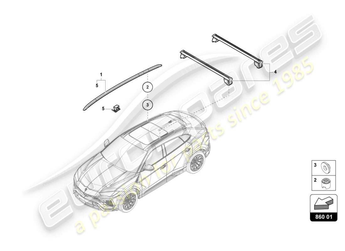 lamborghini urus (2020) schema delle parti anteriori della barra del tetto