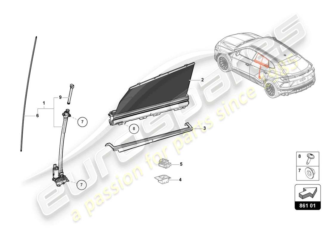 lamborghini urus (2020) schema delle parti della tenda parasole a rullo