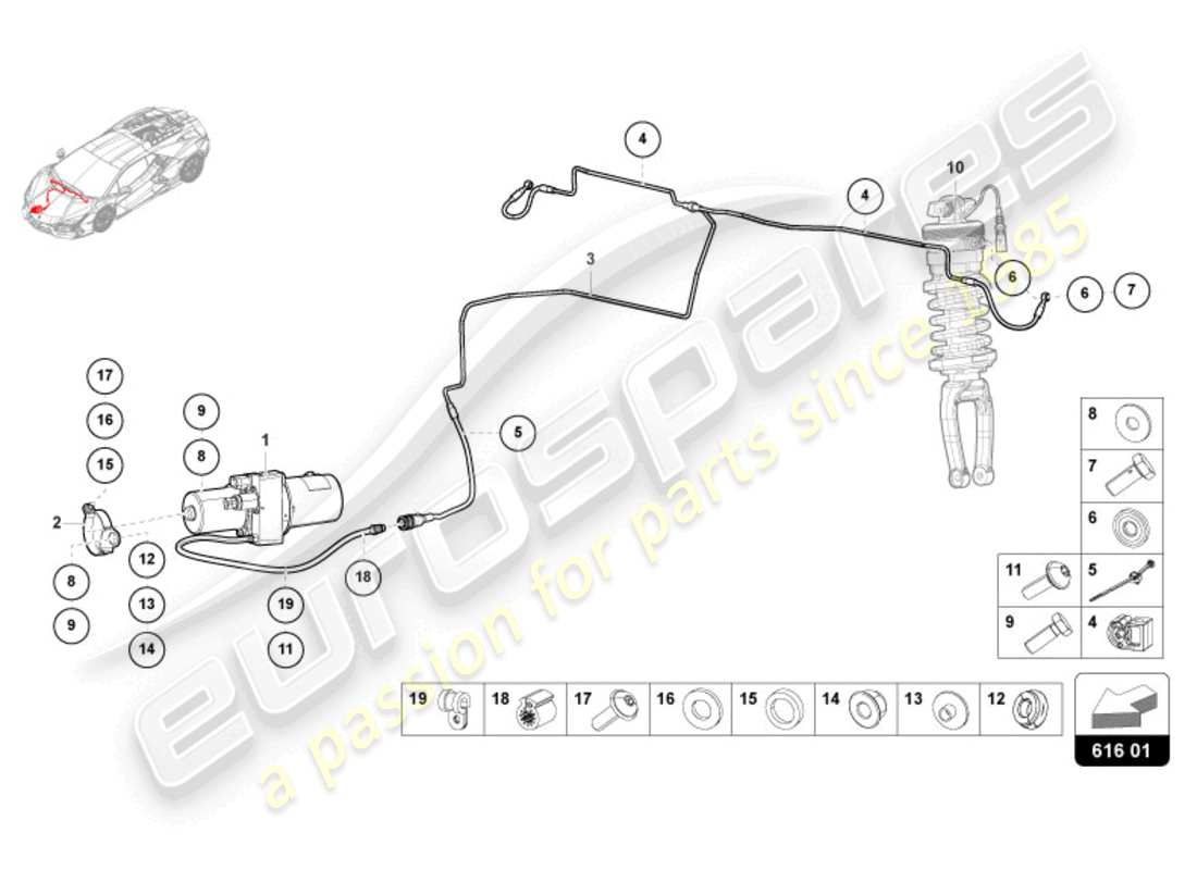 lamborghini revuelto coupe (2024) dispositivo di sollevamento diagramma delle parti
