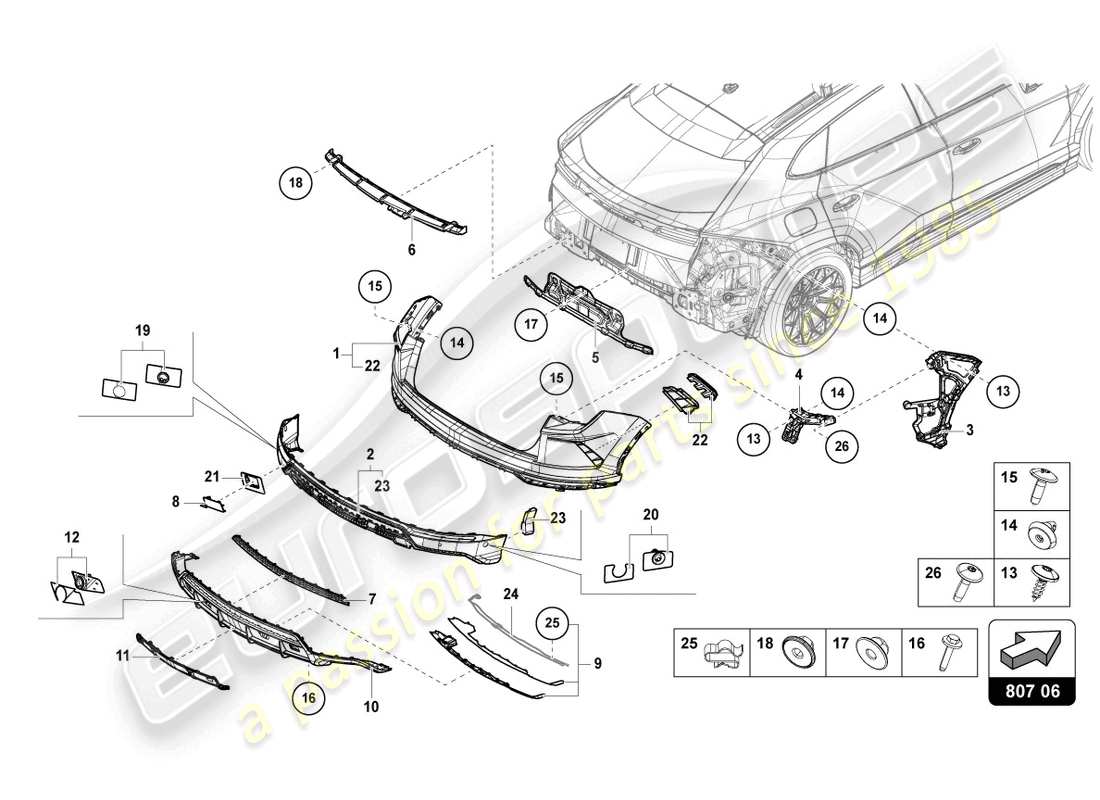 lamborghini urus (2019) paraurti posteriore completo diagramma delle parti