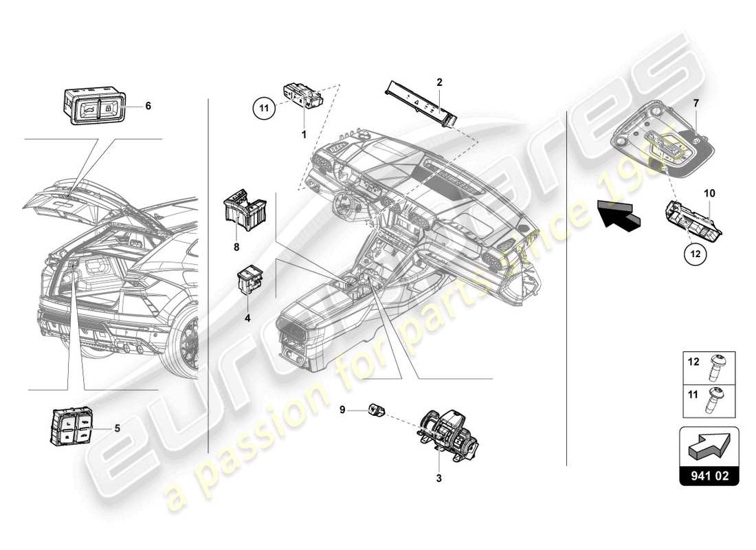 lamborghini urus (2022) pannello di comando con pulsanti diagramma delle parti