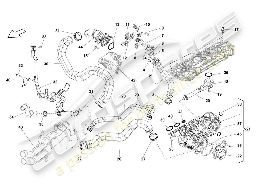 lamborghini lp550-2 spyder (2010) alloggiamento regolatore liquido refrigerante con termostato schema parte