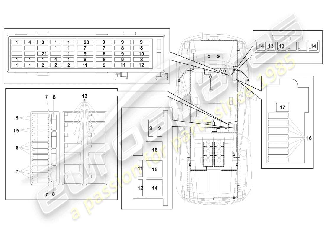 lamborghini gallardo coupe (2005) schema delle parti dell'impianto elettrico centrale