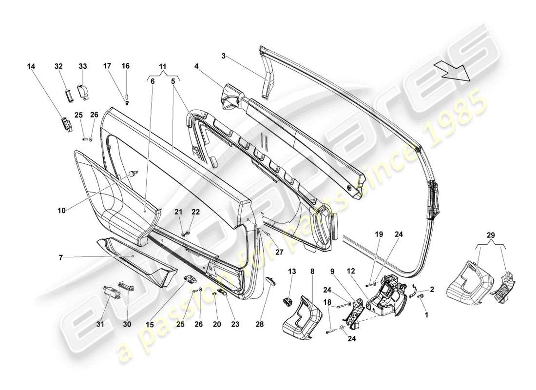 lamborghini gallardo coupe (2005) schema delle parti del pannello della porta