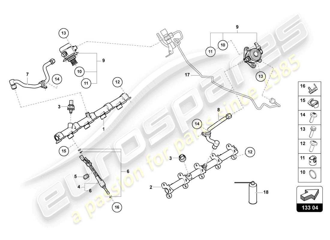 lamborghini urus (2022) iniettore carburante con rail iniettori diagramma delle parti