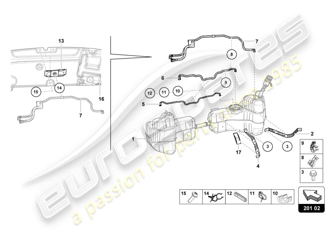 lamborghini tecnica (2023) per serbatoio carburante e linea carburante fissaggi linea carburante diagramma delle parti