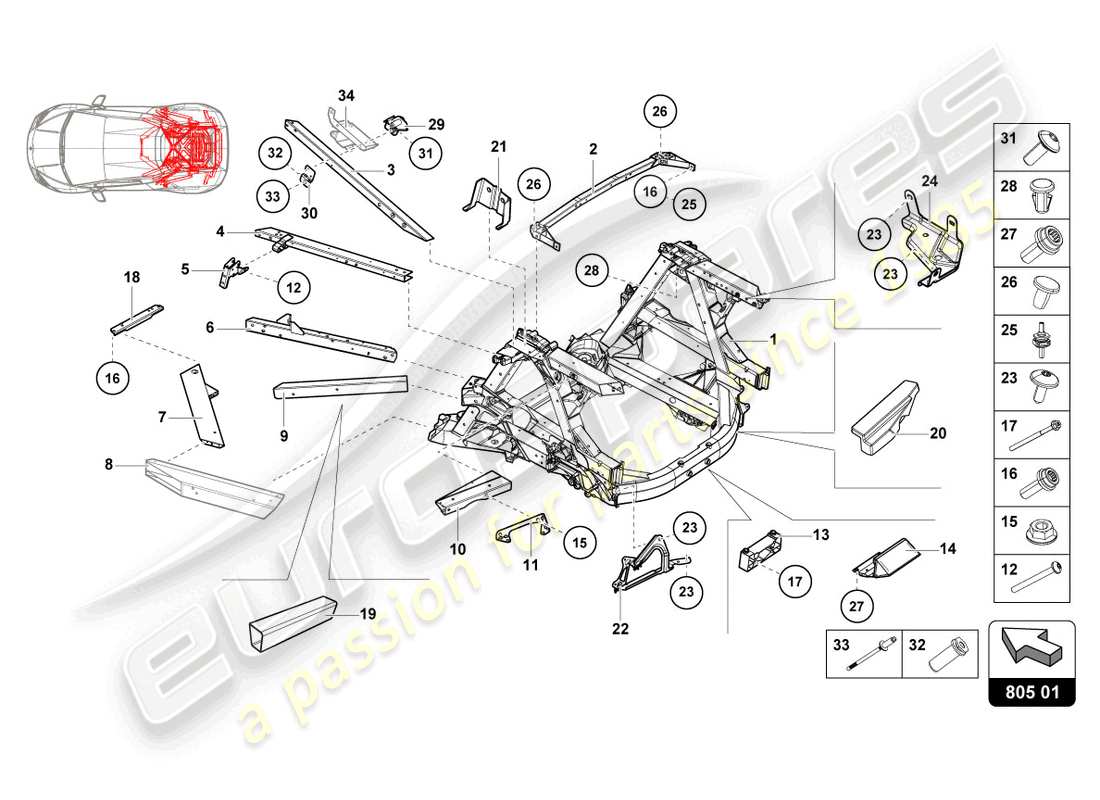 lamborghini 2023 (evo spyder) schema delle parti telaio posteriore, interno